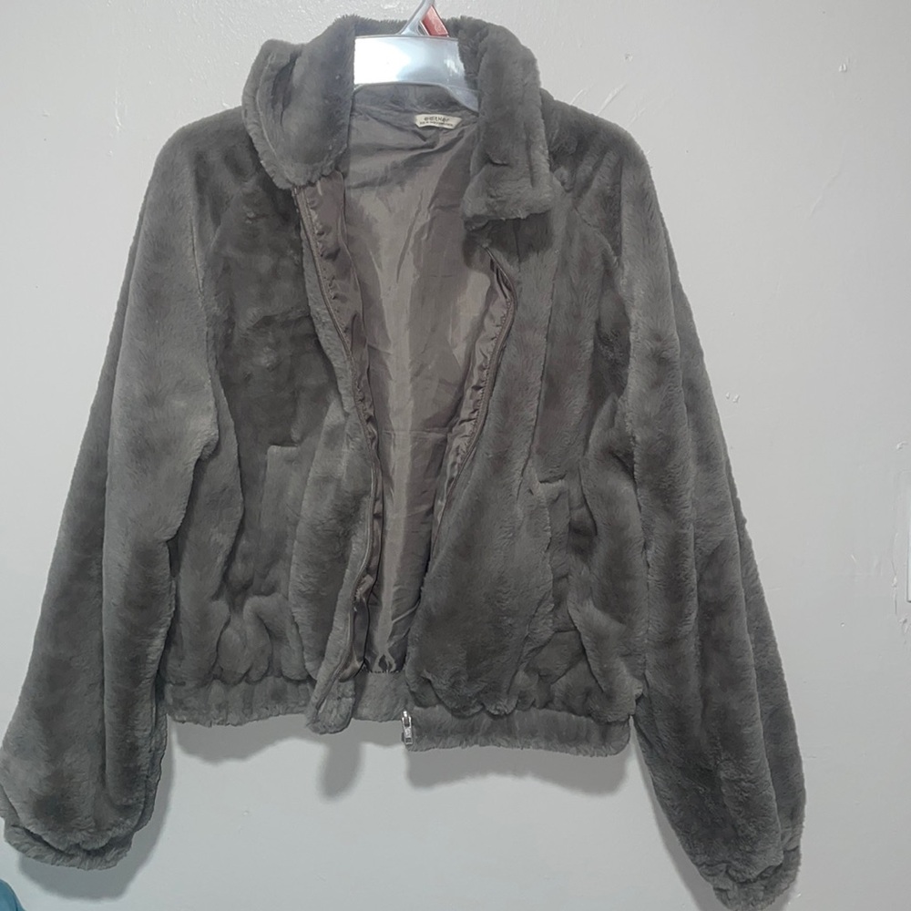 Grey fur bomber jacket